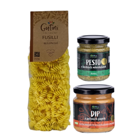 Fusili + Dip z pečených paprik + Pesto z čerstvých mikrobylinek Fusili + Dip z pečených paprik + Pesto z čerstvých mikrobylinek