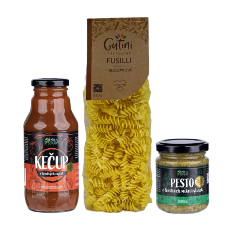 Fusili+ Kečup z čerstvých rajčat + Pesto z čerstvých mikrobylinek Fusili+ Kečup z čerstvých rajčat + Pesto z čerstvých mikrobylinek