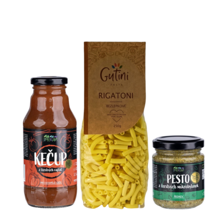 Rigatoni + Kečup z čerstvých rajčat + Pesto z čerstvých mikrobylinek Rigatoni + Kečup z čerstvých rajčat + Pesto z čerstvých mikrobylinek