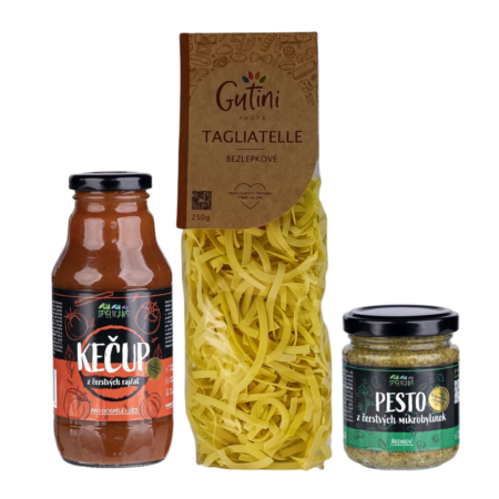 Tagliatelle + Kečup z čerstvých rajčat + Pesto z čerstvých mikrobylinek Tagliatelle + Kečup z čerstvých rajčat + Pesto z čerstvých mikrobylinek